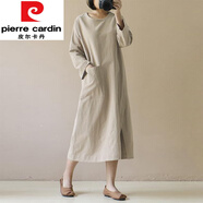 皮爾卡丹（pierre cardin）棉麻2025春秋新款連衣裙中長(zhǎng)款文藝長(zhǎng)袖日系森女A字裙 杏色今年流行的輕奢品牌 M 【95-110斤】