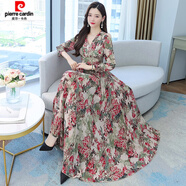 皮爾卡丹（pierre cardin）長(zhǎng)袖碎花真絲連衣裙春裝2024新款顯瘦氣質(zhì)高端度假雪紡長(zhǎng)裙夏 紅花 M