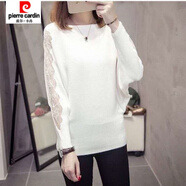 皮爾卡丹（pierre cardin）新款一字領(lǐng)針織蝙蝠衫女蕾絲袖時(shí)尚T恤潮搭顯瘦上衣春秋百搭 米白色 L