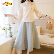 初徑新中式春夏禪意茶服女旗袍兩件套改良文藝中國風 杏色上衣+綠色裙子 S