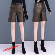 女式海寧真皮短褲女秋冬款綿羊皮大碼海寧真皮直筒冬天穿的高腰微闊腿褲中褲外穿 咖啡色 XL 建議115-125斤