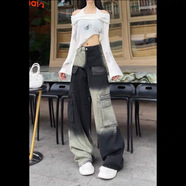 紫昕月胖美式秋季款辣妹垂感顯瘦牛仔褲女大碼多口袋漸變工裝闊腿長褲 黑白色版 M