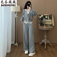 芭芬薇薇時(shí)尚休閑運動(dòng)套裝女洋氣減齡蕾絲拼接連帽衛衣開(kāi)衫闊腿褲兩件套 灰色兩件套 S