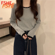 FSHE正肩長(cháng)袖t恤女春秋薄款休閑撞色打底衫百搭修身顯瘦內搭上衣女潮 灰色 [春秋薄款] XL 建議[120-135斤]