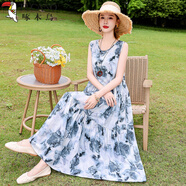 啄木鳥法式感連衣裙女夏季2025新款寬松大碼超長款棉綢碎花背心裙子 1號色 3XL 135到150斤