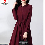 皮爾卡丹（pierre cardin）秋季新款長袖連衣裙女收腰顯瘦氣質(zhì)高端洋氣媽媽裝中長款裙子 棗紅色【精選款】 XL 加大碼 【120-130斤】