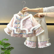 歐遙女寶寶一周歲衣服冬季加絨保暖棉服兩件套冬裝加厚拜年服女童套裝 粉紫色刺繡 加厚女童過(guò)年衣服洋氣 110 身高100-110年齡3-4歲