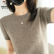 啄木鳥(niǎo)圓領(lǐng)短袖羊·毛衫女短袖t恤春秋夏寬松短款打底針織衫薄款中袖毛衣 燕麥色 L 110斤-125斤