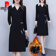 皮爾卡丹（pierre cardin）西服領(lǐng)連衣裙感女神范氣質(zhì)秋冬季新款大碼女裝假兩件時(shí)尚裙子高貴 579#黑色【加絨加厚】 4XL 建議160-180斤