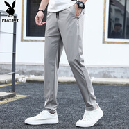 花花公子（PLAYBOY）休閑褲男春夏季冰絲褲子男士寬松直筒潮流男褲 淺灰 32
