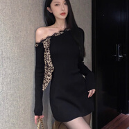 凡伊笑黑色長袖連衣裙女秋冬高級打底裙子內(nèi)搭包臀裙性感緊身純欲小個子 復(fù)古豹紋包臀裙 M 【 建議90-105斤】