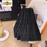 初徑日系森女鏤空刺繡半身裙女夏季內襯雙層松緊腰中長(cháng)款字傘裙半裙 黑色 M 建議95-115斤