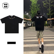 文頗100%純棉潮牌夏季重磅美式短袖t恤寬松情侶體恤五分袖上衣男女半 290克-黑 S 建議85-95斤