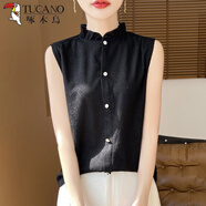 啄木鳥(niǎo)優(yōu)雅木耳領(lǐng)無(wú)袖襯衫女精仿重工鉤花荷葉邊領(lǐng)疊穿內搭針織打底上衣 輕薄黑色薄 3XL 145-160斤