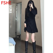 FSHE法式甜美溫柔風連衣裙小眾名媛不規(guī)則小個子氣質收腰顯瘦秋季短裙 黑色氣質連衣裙 M