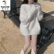 啄木鳥水貂絨毛衣女2024秋冬季新款慵懶風(fēng)寬松中長款外穿加絨加厚針織衫 白色 S 85-95斤   衣長65