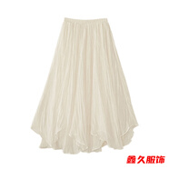 美安嘉珠光半身裙女不規則仙女裙壓褶a字雪紡高腰秋冬中長(cháng)款長(cháng)裙子 杏色 S