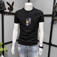 花花公子（PLAYBOY）男士高端簡(jiǎn)約短袖T恤潮牌夏季透氣純棉薄款修身圓領(lǐng)半袖體恤上衣 黑色 XL