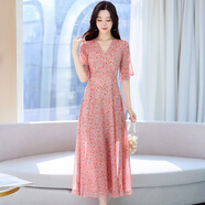 夏典素訂女王（SE.PSTP）法式粉色碎花雪紡連衣裙2025新款女夏季短袖高級感氣質(zhì)名媛長(cháng)裙子 粉色 S (80-94斤)