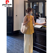 皮爾卡丹（pierre cardin）設計感黃色掛脖吊帶背心女夏季感絕美上衣寬松無(wú)袖襯衫 黃色上衣 L