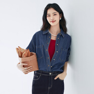 伊芙麗（eifini）蔣欣代言【爆款延續】復古藍色牛仔襯衣女通勤女裝外套 深藍 S 80-110斤