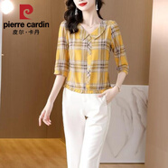 皮爾卡丹（pierre cardin）小個(gè)子短款上衣娃娃領(lǐng)格子七分袖棉麻襯衣女2025年夏季格紋襯衫 2024黃色2025 M 95斤以?xún)?
                                         title=