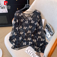 皮爾卡丹（pierre cardin）2025新款夏高級(jí)感顯瘦蝴蝶雪紡衫大碼女裝胖mm寬松防曬衣罩衫上衣 黑色上衣-版【法式甜辣風(fēng)遮肚子 2XL 【140-160斤】
