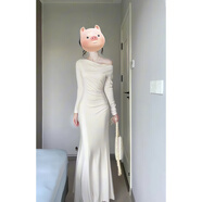 天啟世紀生日小禮服裙性感一字肩長(cháng)袖連衣裙女冬季大衣內搭包臀裙長(cháng)裙子 米白長(cháng)裙【優(yōu)質(zhì)版】 【溫柔風(fēng)/網(wǎng)紅/休閑/今年流行 L