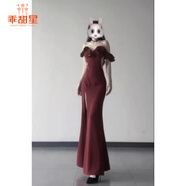 乖甜星驚艷別致成人禮服長(zhǎng)裙荷葉邊一字肩抹胸連衣裙名媛宴會(huì)氣質(zhì)魚(yú)尾裙 酒紅色長(zhǎng)裙 M