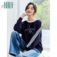 Halo Queen衛(wèi)衣女春秋圓領(lǐng)條紋字母印花寬松休閑百搭套頭上衣潮流H143W1046