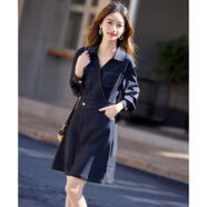 尚靜假兩件不規(guī)則仿牛仔連衣裙女2025秋新款收腰高腰中長裙 藍色 XL