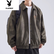 花花公子（PLAYBOY）美式復(fù)古經(jīng)典鹿皮絨翻領(lǐng)棒球服男士寬松潮牌大碼春秋裝夾克外套男 秋冬灰色高質(zhì)量面料  XL 建議125-150斤