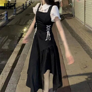 Jret赫本風(fēng)學(xué)生背帶裙韓版寬松顯瘦不規(guī)則中長(zhǎng)款連衣裙女單件套裝 襯衫+背帶裙 【兩件套】 L 【建議105-120斤】