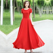 索宛亦大擺裙2025夏新款紅色中長(cháng)款跳舞雪紡連衣裙大碼過(guò)膝度假沙灘長(cháng)裙 (圓)領(lǐng) 6006 大紅 M 建議90--105斤