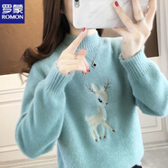 羅蒙（ROMON）羊.毛衫女秋冬新款卡通鹿針織衫半高領(lǐng)內搭外穿長(cháng)袖保暖毛衣女士 豆綠色 3XL 135-145斤