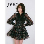 JVH香港潮牌碎花蕾絲連衣裙女 2025春季新款法式V領(lǐng)收腰度假蓬蓬短裙 黑底印花色 M