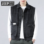 JEEP SPIRIT吉普高端牛仔馬甲男潮牌2025春秋新款帥氣無袖工裝馬甲坎肩背心外 灰色 M 建議100-115斤