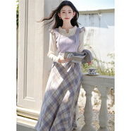 現寶蓮溫柔風(fēng)打底針織衫毛呢格紋吊帶連衣裙兩件套女秋冬獨特絕美小套裝 針織衫+吊帶毛呢裙 S
