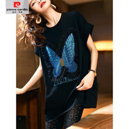 皮爾卡丹（pierre cardin）純棉蝴蝶燙鉆短袖t恤女春夏新款時(shí)尚女裝2025年歐洲站中長(cháng)款上衣 黑色 L 105-120斤