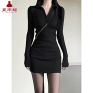 夏雨瑤針織連衣裙女秋季新款修身性感辣妹穿搭毛衣包臀短裙子內搭女裝 黑色【加絨款】 【品質(zhì)】 S 建議80-95斤