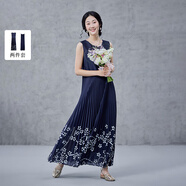 生活在左壓褶連衣裙復(fù)古藍(lán)印花紋修身顯瘦2025夏季新款兩件套女 藏青色 XL