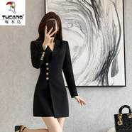 啄木鳥高端西裝連衣裙女秋冬裝高級感時尚氣質(zhì)通勤收腰顯瘦優(yōu)雅長袖裙子 黑色 L