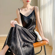 京功中式打底吊帶裙新提花連衣裙女夏季薄款法式寬松顯瘦吊帶背心a字 黑色版 XL 建議115-130斤