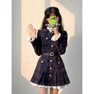 映棠秋季新款韓版時(shí)尚修身顯瘦氣質(zhì)小金扣立領(lǐng)名媛風(fēng)感連衣裙 格子連衣裙 XS