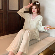 貝逸芙長(zhǎng)袖睡衣女士春秋冬季2025新款棉帶胸墊一體白色高級(jí)感家居服套裝 WD2503#V領(lǐng)花邊(綠色) M