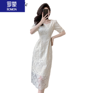 羅蒙（ROMON）連衣裙女夏季2024新款法式時尚仙氣蕾絲繡花雪紡氣質(zhì)收腰中長裙子 杏色 L