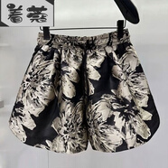 著蔻夏季女花短褲休閑百搭復(fù)古提花闊腿短褲女2024夏季新款小個子時尚 黑金色 2XL [推薦130-145斤]