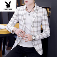花花公子（PLAYBOY）青年格子修身西服韓版潮流春秋英倫長(cháng)袖西裝男士單西外套新品 196白色 M