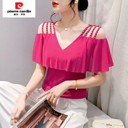 皮爾卡丹（pierre cardin）夏季百搭v領(lǐng)顯瘦氣質(zhì)荷葉邊露肩上衣時(shí)尚V領(lǐng)網(wǎng)紗釘珠短袖T恤女潮 玫紅 S 建議90斤以?xún)?nèi)