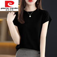 皮爾卡丹（pierre cardin）品牌高檔女裝 冰絲針織短袖上衣女夏季純色薄款半袖今年流行 黑色 M